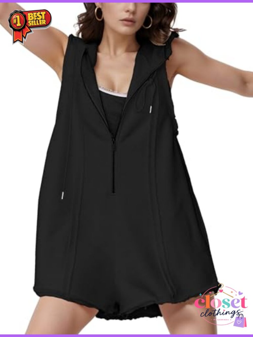 Sleeveless Hooded Romper Athletic Workout Zip Front Wide Leg